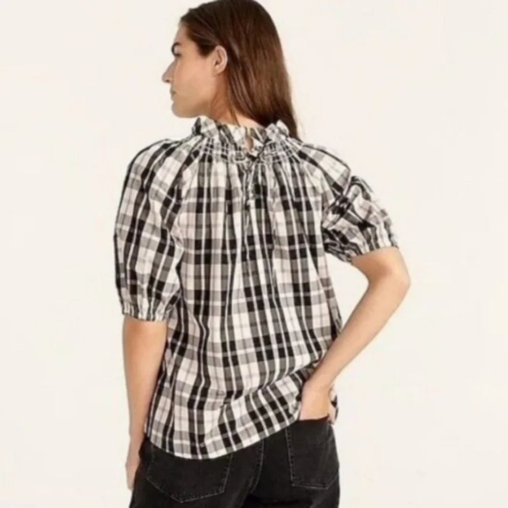 J. Crew Floral Short Puff Sleeve Black Plaid Blouse Size Medium